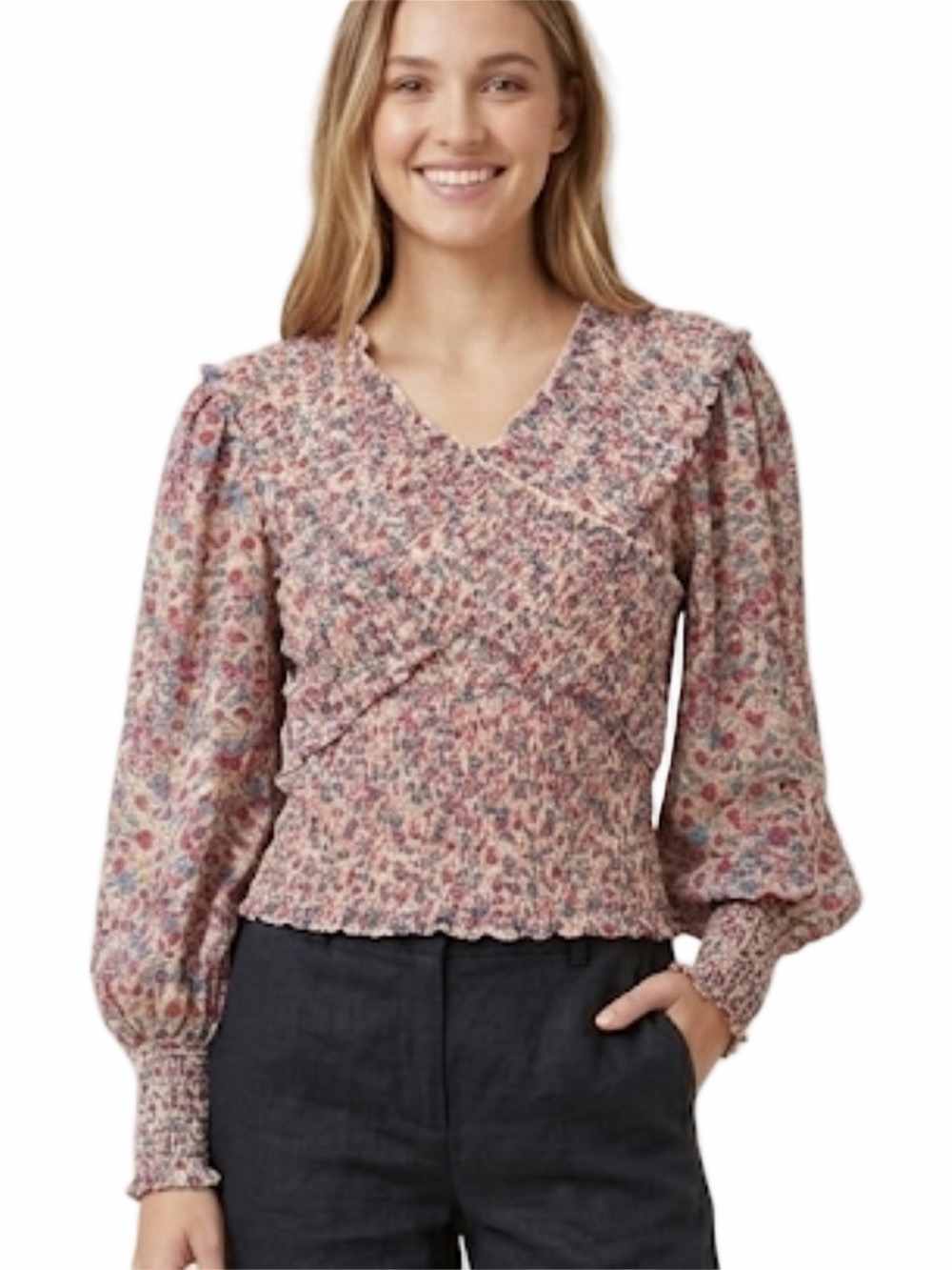 BB Dakota Steve Madden Floral Smocked Crop Top Boho Sheer Sleeve M